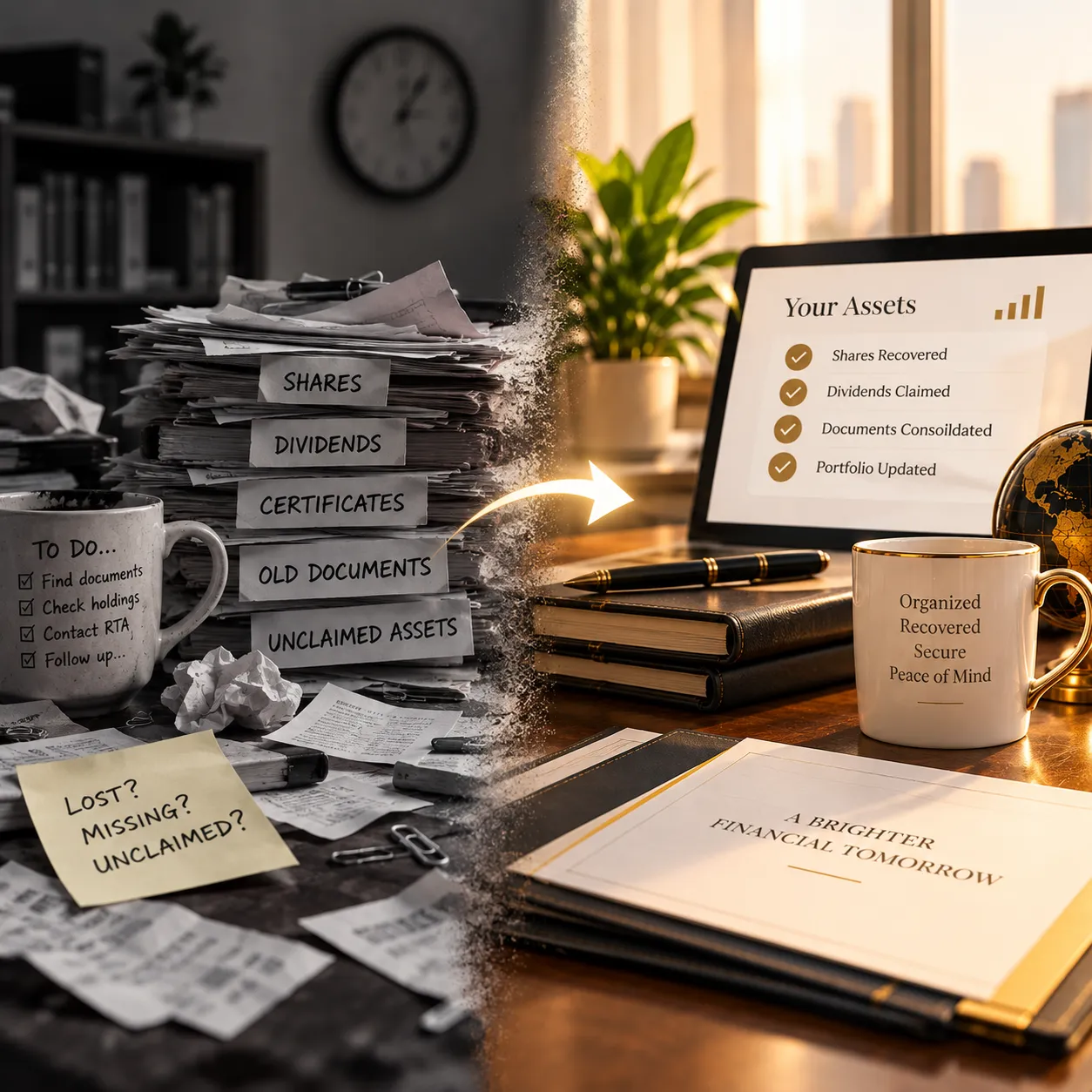 A pile of unclaimed shares and old documents turning into an organised portfolio